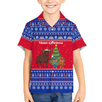Cambodia Christmas Kid Hawaiian Shirt with Buffalo Children Holiday Tree Snowflakes and Khmer Pattern Design - Wonder Print Shop