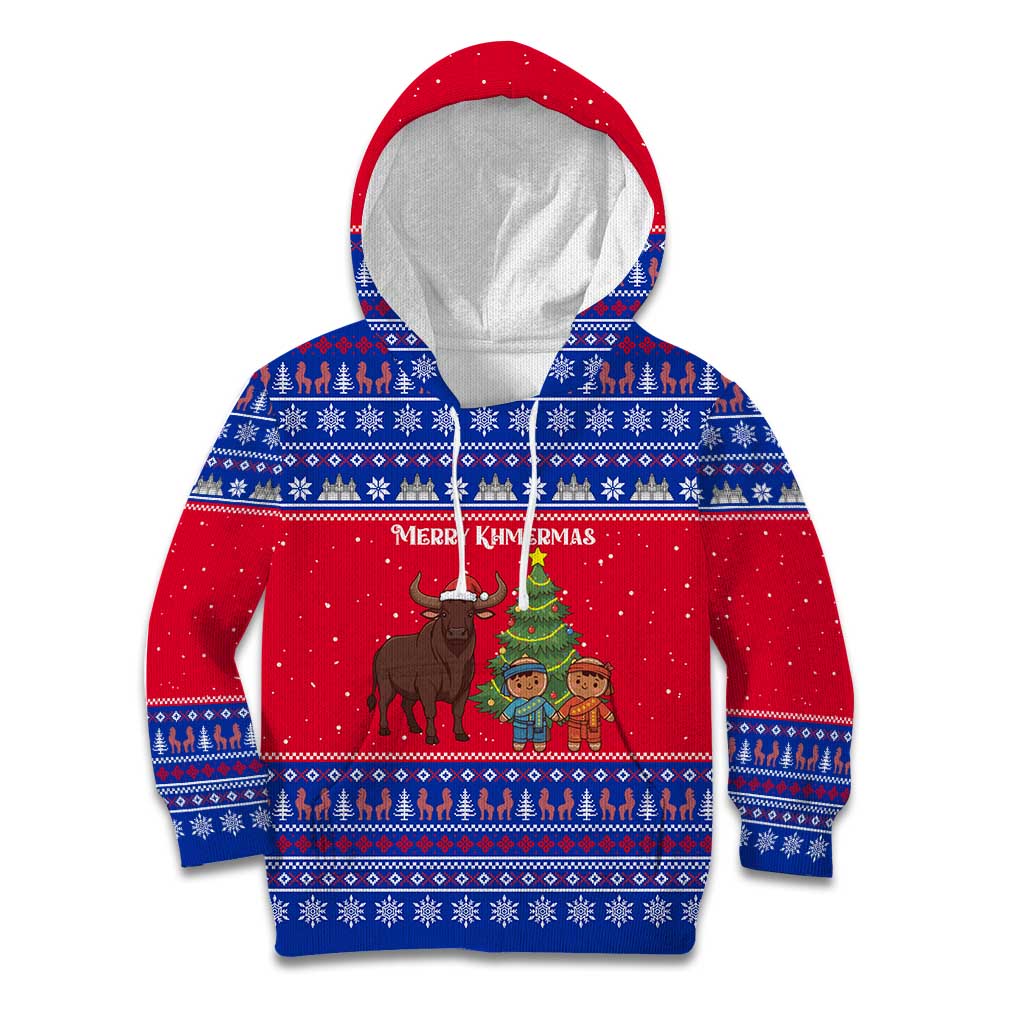 Cambodia Christmas Kid Hoodie with Buffalo Children Holiday Tree Snowflakes and Khmer Pattern Design - Wonder Print Shop