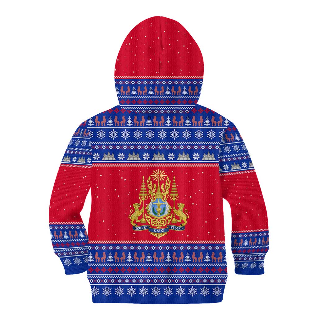 Cambodia Christmas Kid Hoodie with Buffalo Children Holiday Tree Snowflakes and Khmer Pattern Design - Wonder Print Shop