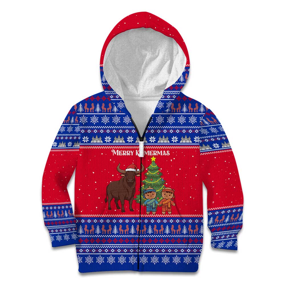 Cambodia Christmas Kid Hoodie with Buffalo Children Holiday Tree Snowflakes and Khmer Pattern Design - Wonder Print Shop