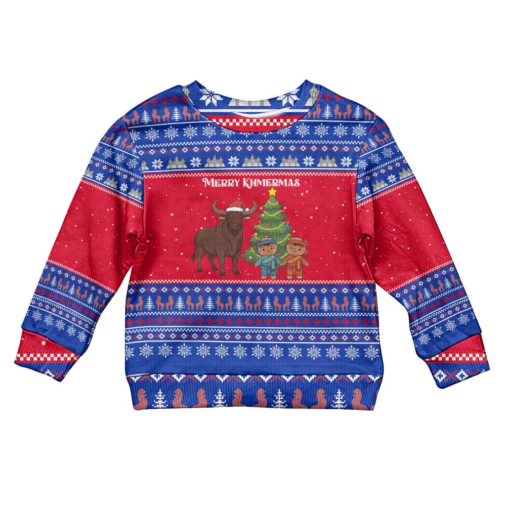Cambodia Christmas Kid Ugly Christmas Sweater with Buffalo Children Holiday Tree Snowflakes and Khmer Pattern Design - Wonder Print Shop