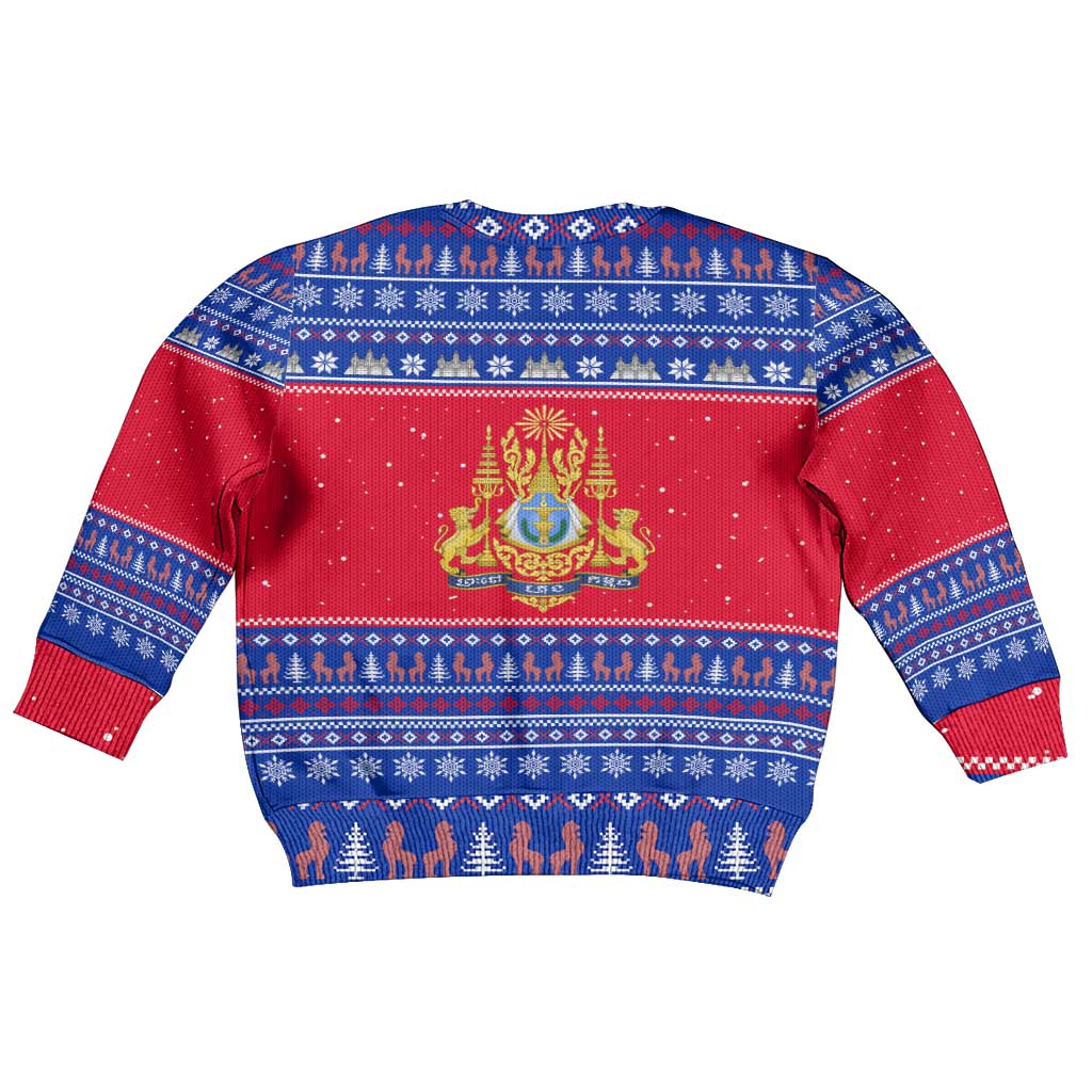 Cambodia Christmas Kid Ugly Christmas Sweater with Buffalo Children Holiday Tree Snowflakes and Khmer Pattern Design - Wonder Print Shop