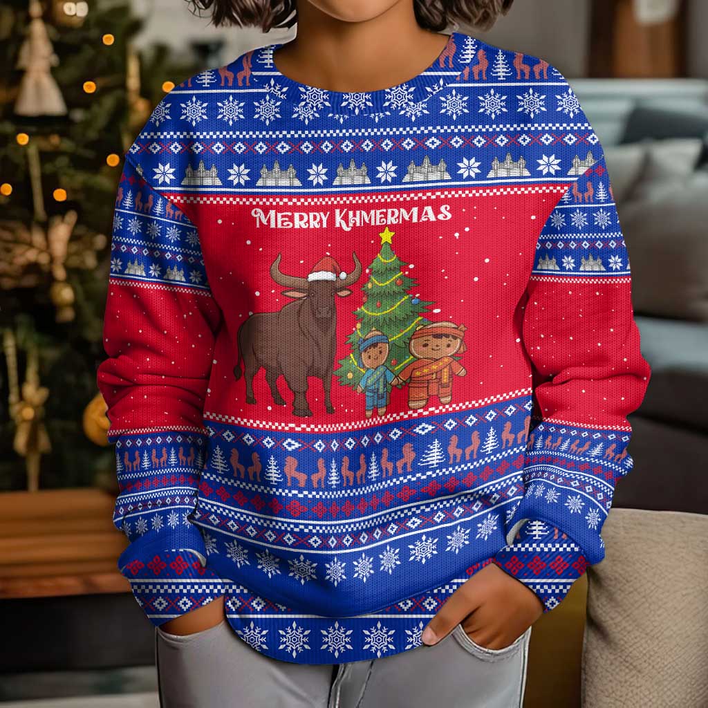 Cambodia Christmas Kid Ugly Christmas Sweater with Buffalo Children Holiday Tree Snowflakes and Khmer Pattern Design - Wonder Print Shop