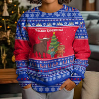 Cambodia Christmas Kid Ugly Christmas Sweater with Buffalo Children Holiday Tree Snowflakes and Khmer Pattern Design - Wonder Print Shop