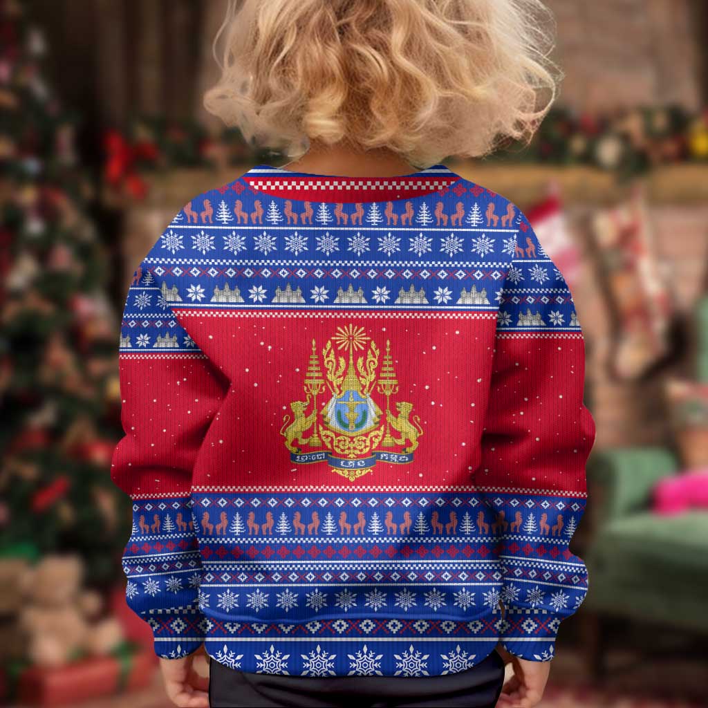 Cambodia Christmas Kid Ugly Christmas Sweater with Buffalo Children Holiday Tree Snowflakes and Khmer Pattern Design - Wonder Print Shop