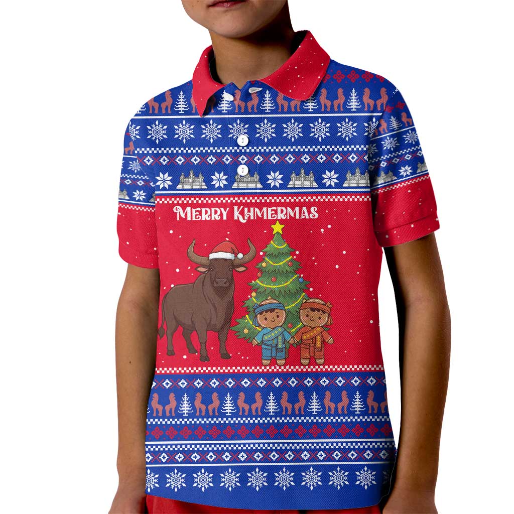 Cambodia Christmas Kid Polo Shirt with Buffalo Children Holiday Tree Snowflakes and Khmer Pattern Design - Wonder Print Shop