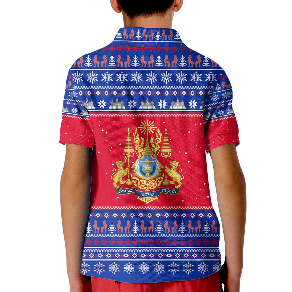 Cambodia Christmas Kid Polo Shirt with Buffalo Children Holiday Tree Snowflakes and Khmer Pattern Design - Wonder Print Shop