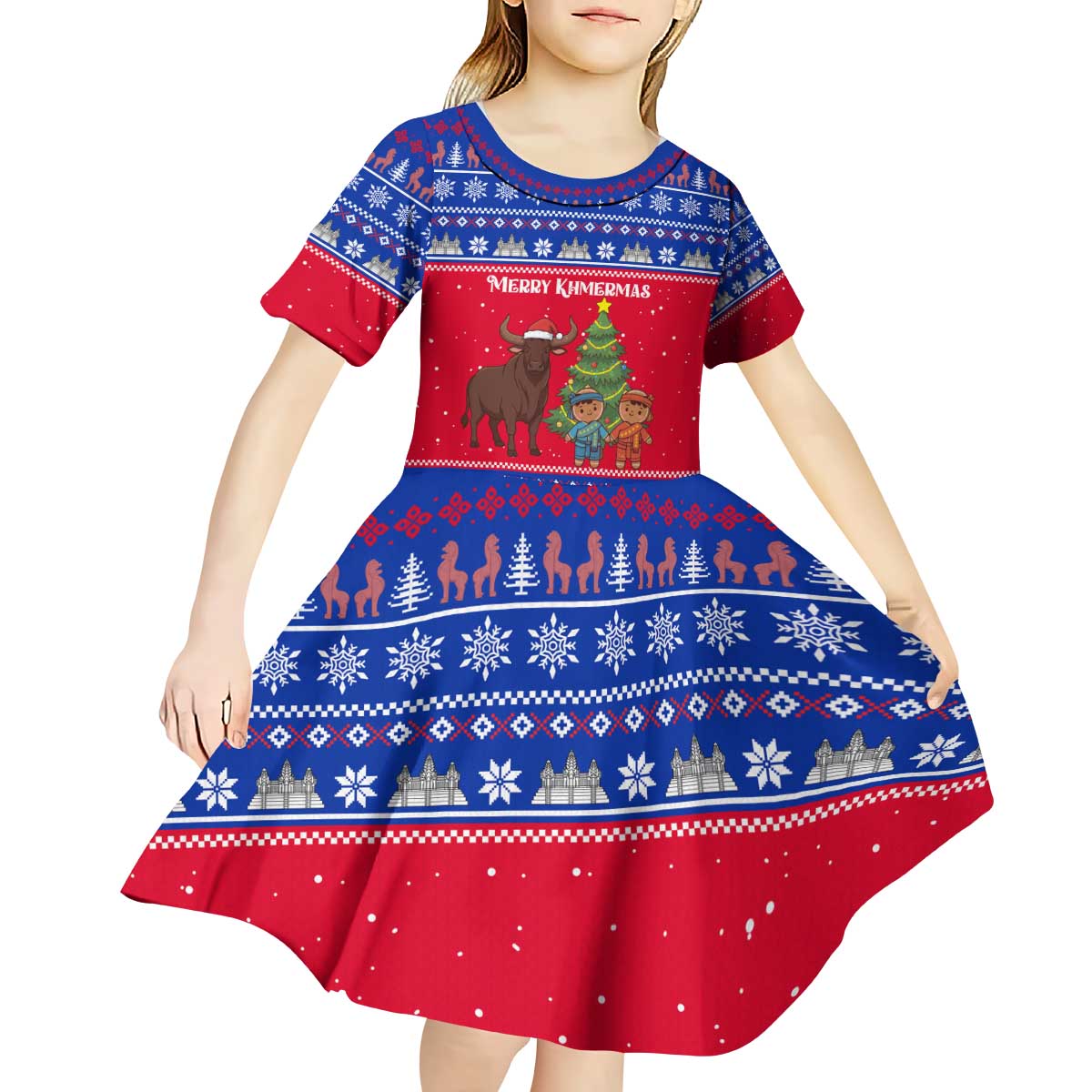 Cambodia Christmas Kid Short Sleeve Dress with Buffalo Children Holiday Tree Snowflakes and Khmer Pattern Design - Wonder Print Shop