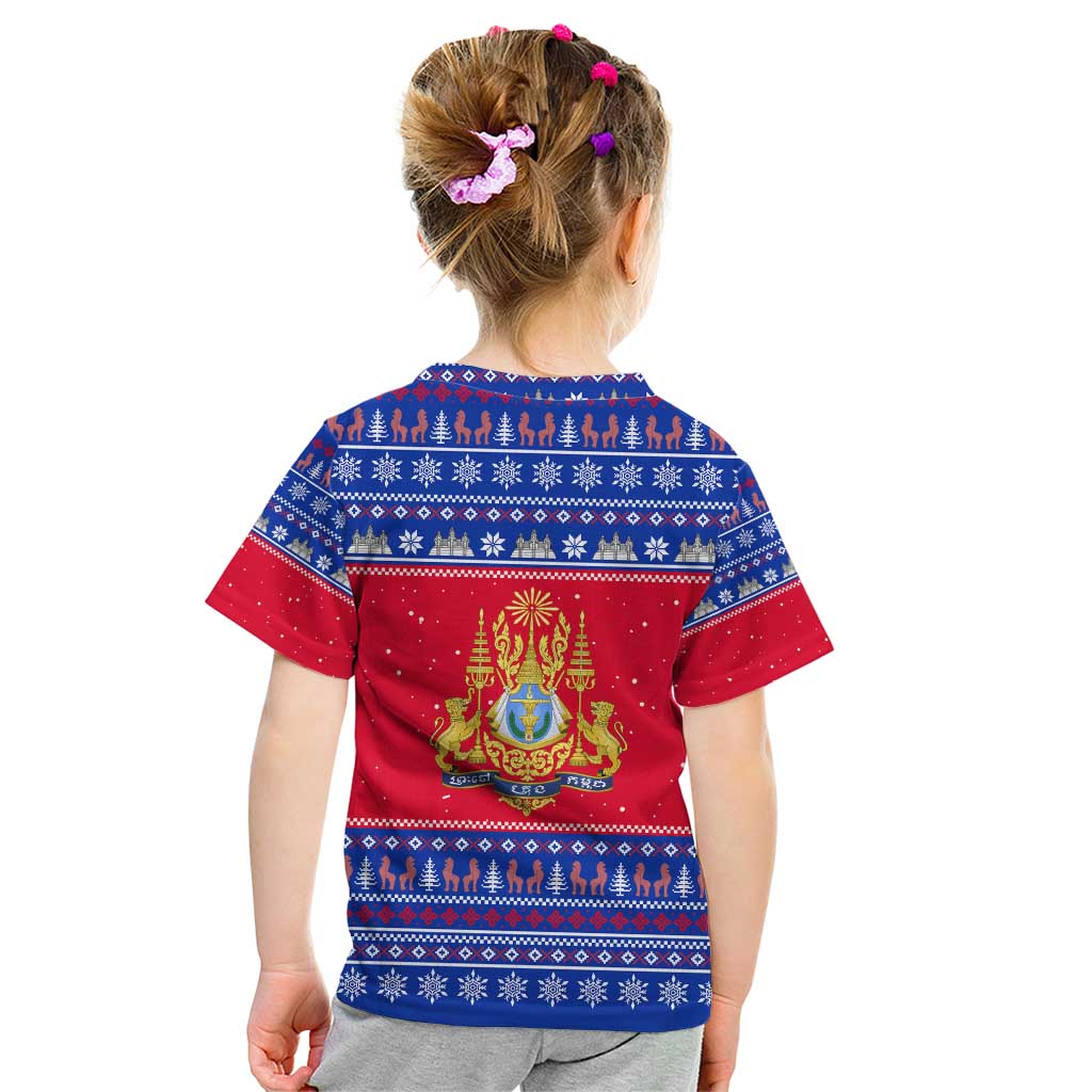 Cambodia Christmas Kid T Shirt with Buffalo Children Holiday Tree Snowflakes and Khmer Pattern Design - Wonder Print Shop