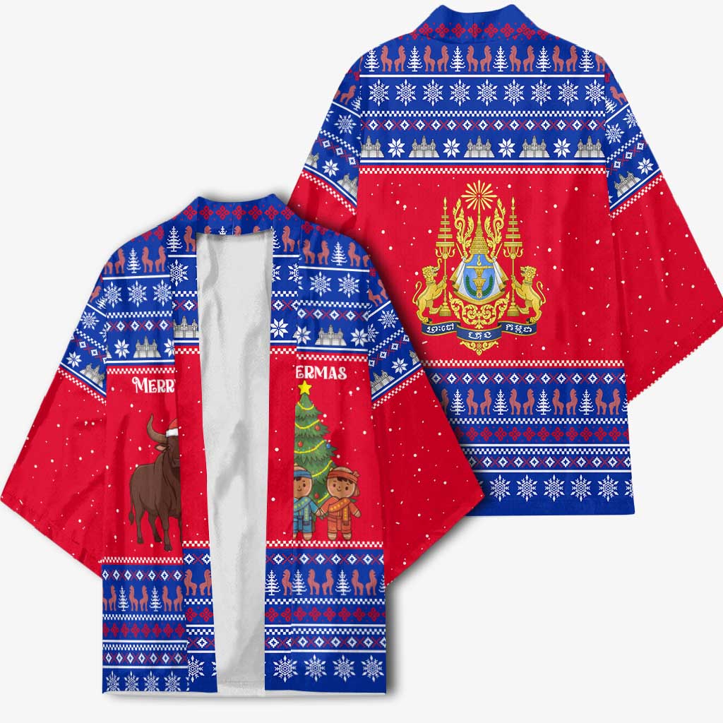 Cambodia Christmas Kimono with Buffalo Children Holiday Tree Snowflakes and Khmer Pattern Design - Wonder Print Shop