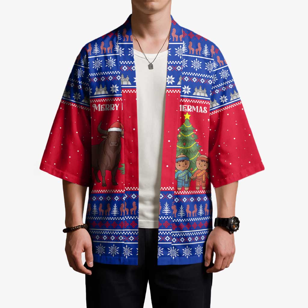 Cambodia Christmas Kimono with Buffalo Children Holiday Tree Snowflakes and Khmer Pattern Design - Wonder Print Shop