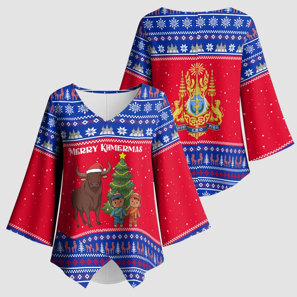 Cambodia Christmas Kimono Sleeve Blouse with Buffalo Children Holiday Tree Snowflakes and Khmer Pattern Design - Wonder Print Shop