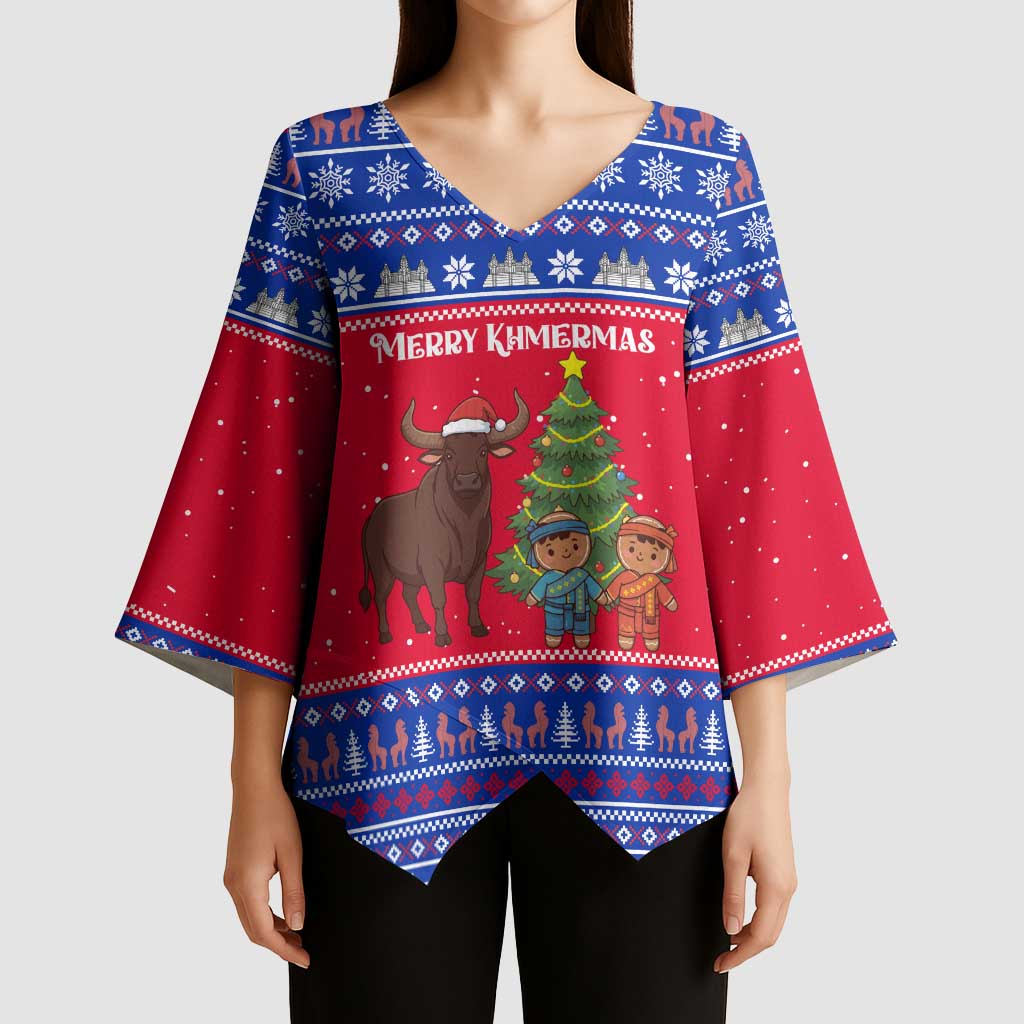 Cambodia Christmas Kimono Sleeve Blouse with Buffalo Children Holiday Tree Snowflakes and Khmer Pattern Design - Wonder Print Shop