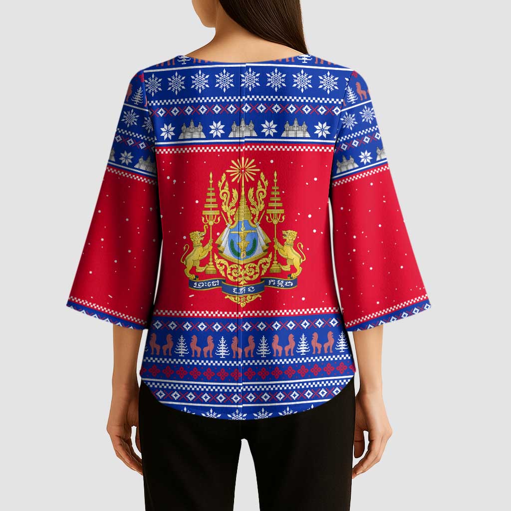 Cambodia Christmas Kimono Sleeve Blouse with Buffalo Children Holiday Tree Snowflakes and Khmer Pattern Design - Wonder Print Shop