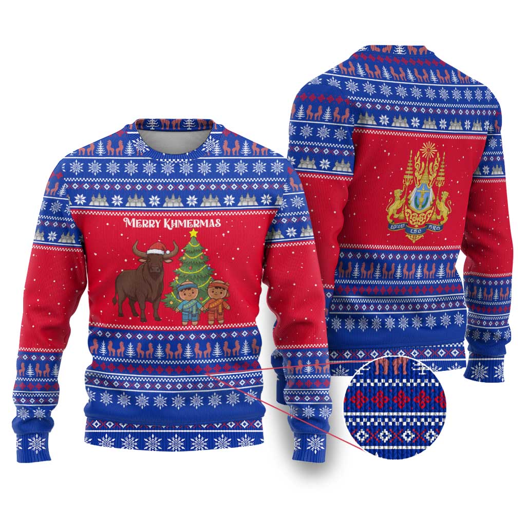 Cambodia Christmas Ugly Christmas Sweater with Buffalo Children Holiday Tree Snowflakes and Khmer Pattern Design - Wonder Print Shop