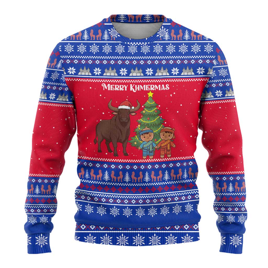 Cambodia Christmas Ugly Christmas Sweater with Buffalo Children Holiday Tree Snowflakes and Khmer Pattern Design - Wonder Print Shop