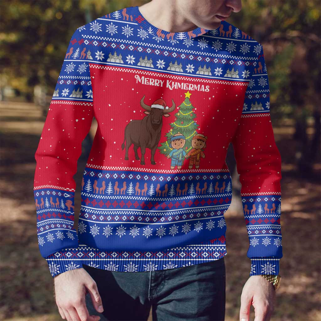 Cambodia Christmas Ugly Christmas Sweater with Buffalo Children Holiday Tree Snowflakes and Khmer Pattern Design - Wonder Print Shop