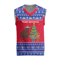 Cambodia Christmas Knitted V-Neck Vest with Buffalo Children Holiday Tree Snowflakes and Khmer Pattern Design - Wonder Print Shop
