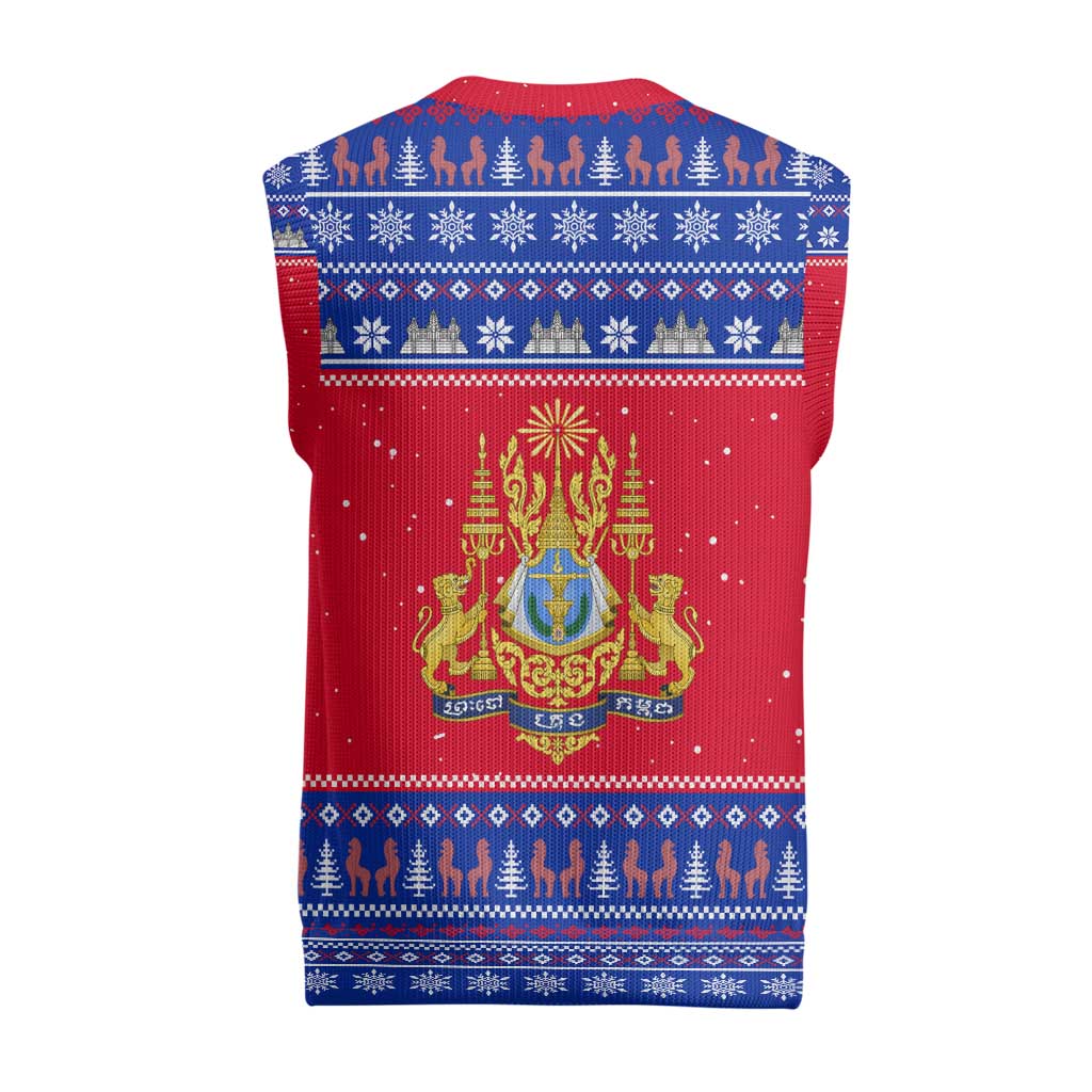 Cambodia Christmas Knitted V-Neck Vest with Buffalo Children Holiday Tree Snowflakes and Khmer Pattern Design - Wonder Print Shop