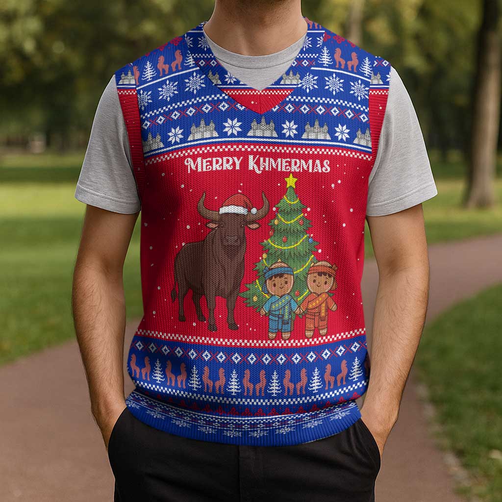 Cambodia Christmas Knitted V-Neck Vest with Buffalo Children Holiday Tree Snowflakes and Khmer Pattern Design - Wonder Print Shop