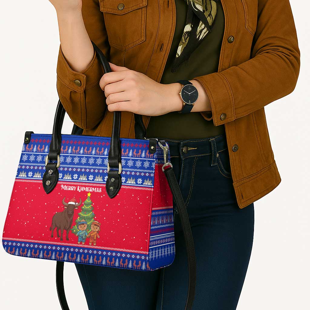 Cambodia Christmas Leather Bag with Buffalo Children Holiday Tree Snowflakes and Khmer Pattern Design - Wonder Print Shop