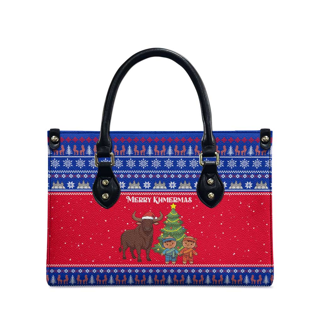 Cambodia Christmas Leather Bag with Buffalo Children Holiday Tree Snowflakes and Khmer Pattern Design - Wonder Print Shop