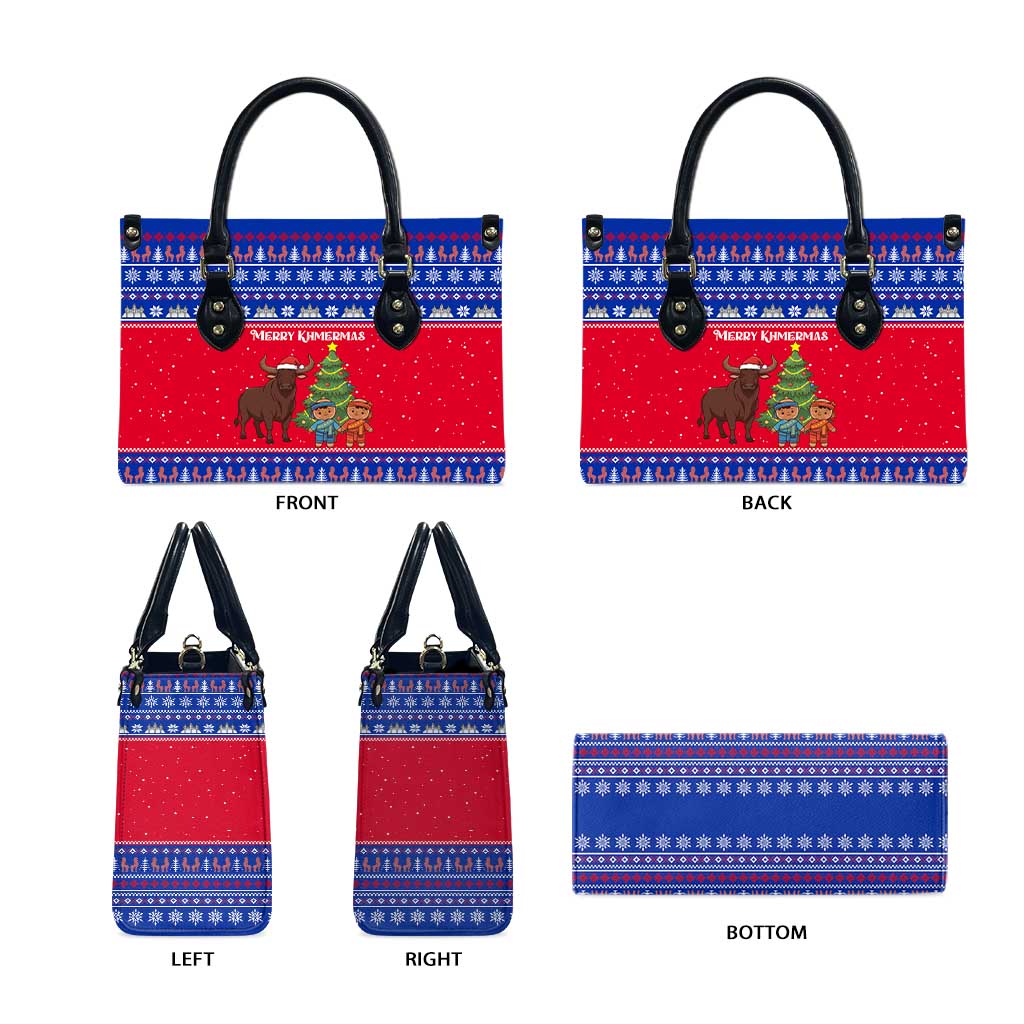 Cambodia Christmas Leather Bag with Buffalo Children Holiday Tree Snowflakes and Khmer Pattern Design - Wonder Print Shop