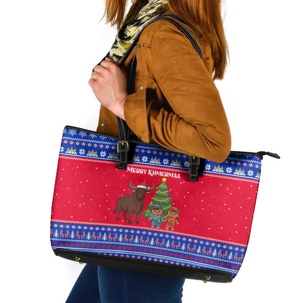 Cambodia Christmas Leather Tote Bag with Buffalo Children Holiday Tree Snowflakes and Khmer Pattern Design - Wonder Print Shop