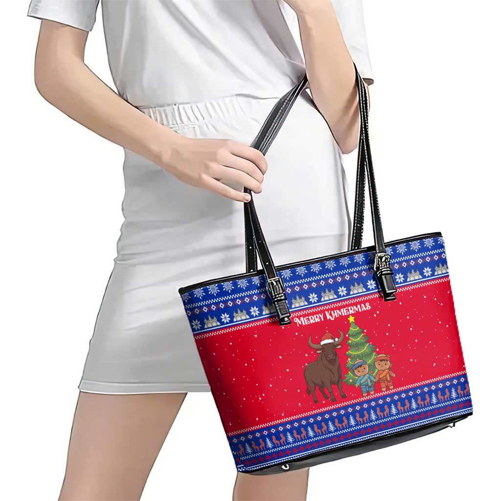 Cambodia Christmas Leather Tote Bag with Buffalo Children Holiday Tree Snowflakes and Khmer Pattern Design - Wonder Print Shop