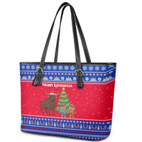 Cambodia Christmas Leather Tote Bag with Buffalo Children Holiday Tree Snowflakes and Khmer Pattern Design - Wonder Print Shop
