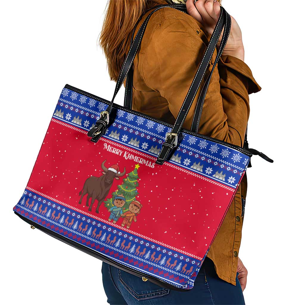 Cambodia Christmas Leather Tote Bag with Buffalo Children Holiday Tree Snowflakes and Khmer Pattern Design - Wonder Print Shop
