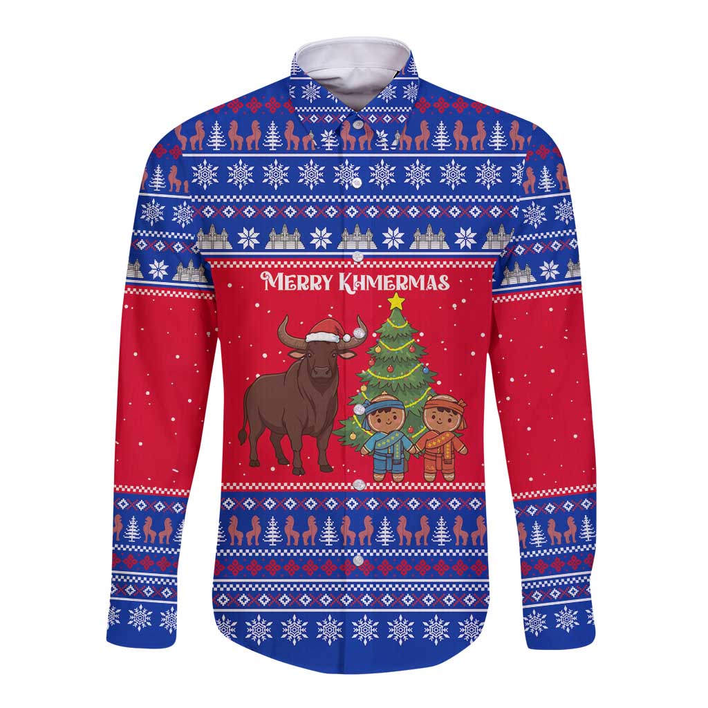 Cambodia Christmas Long Sleeve Button Shirt with Buffalo Children Holiday Tree Snowflakes and Khmer Pattern Design - Wonder Print Shop