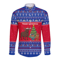 Cambodia Christmas Long Sleeve Button Shirt with Buffalo Children Holiday Tree Snowflakes and Khmer Pattern Design - Wonder Print Shop