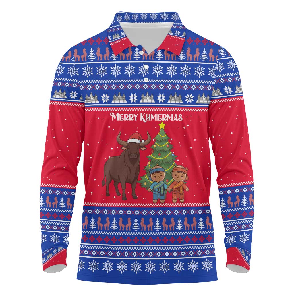 Cambodia Christmas Long Sleeve Polo Shirt with Buffalo Children Holiday Tree Snowflakes and Khmer Pattern Design - Wonder Print Shop