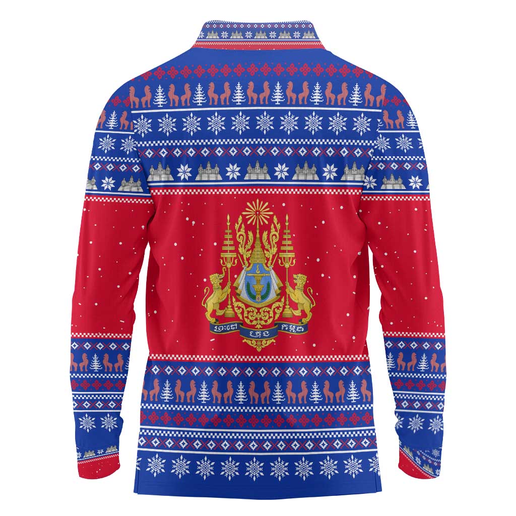 Cambodia Christmas Long Sleeve Polo Shirt with Buffalo Children Holiday Tree Snowflakes and Khmer Pattern Design - Wonder Print Shop