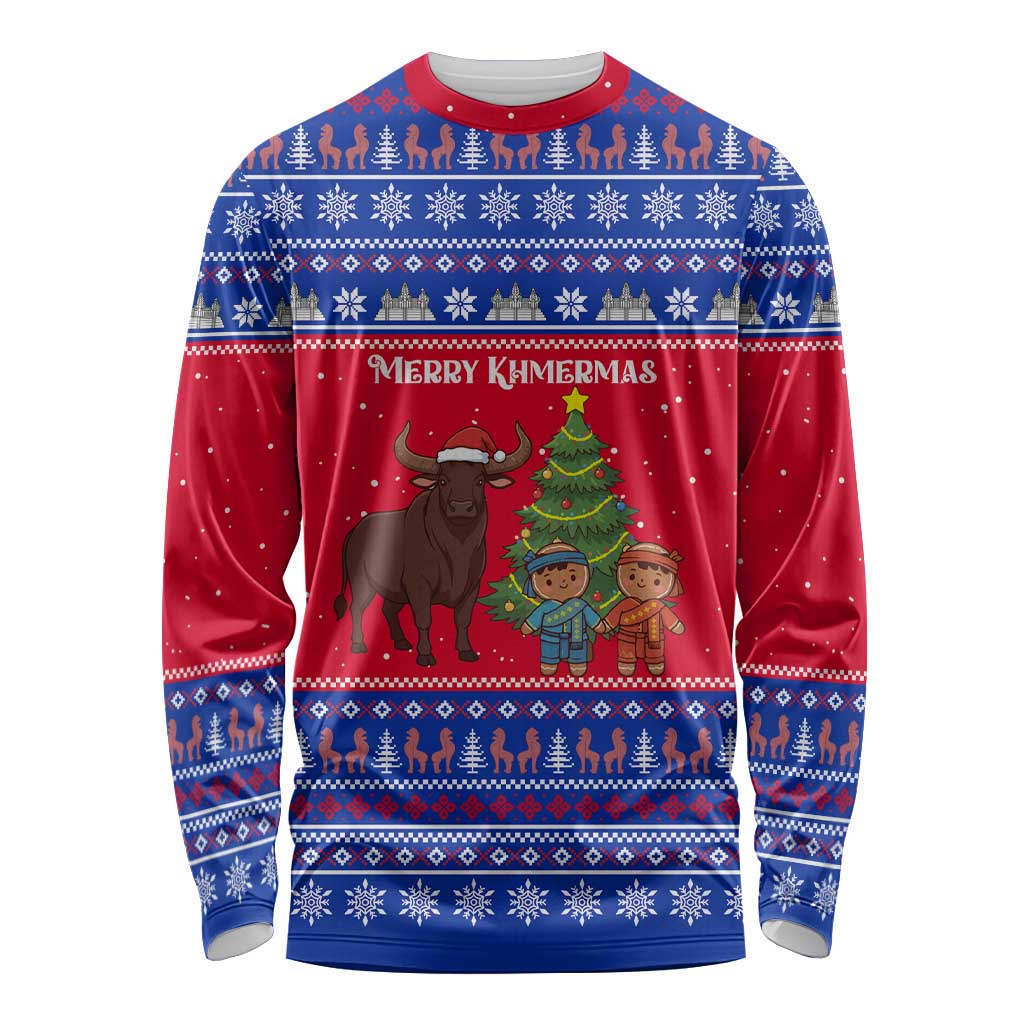 Cambodia Christmas Long Sleeve Shirt with Buffalo Children Holiday Tree Snowflakes and Khmer Pattern Design - Wonder Print Shop