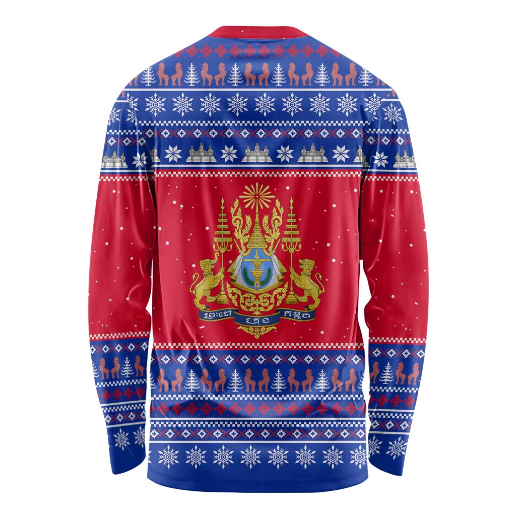 Cambodia Christmas Long Sleeve Shirt with Buffalo Children Holiday Tree Snowflakes and Khmer Pattern Design - Wonder Print Shop