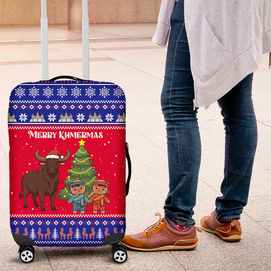 Cambodia Christmas Luggage Cover with Buffalo Children Holiday Tree Snowflakes and Khmer Pattern Design - Wonder Print Shop
