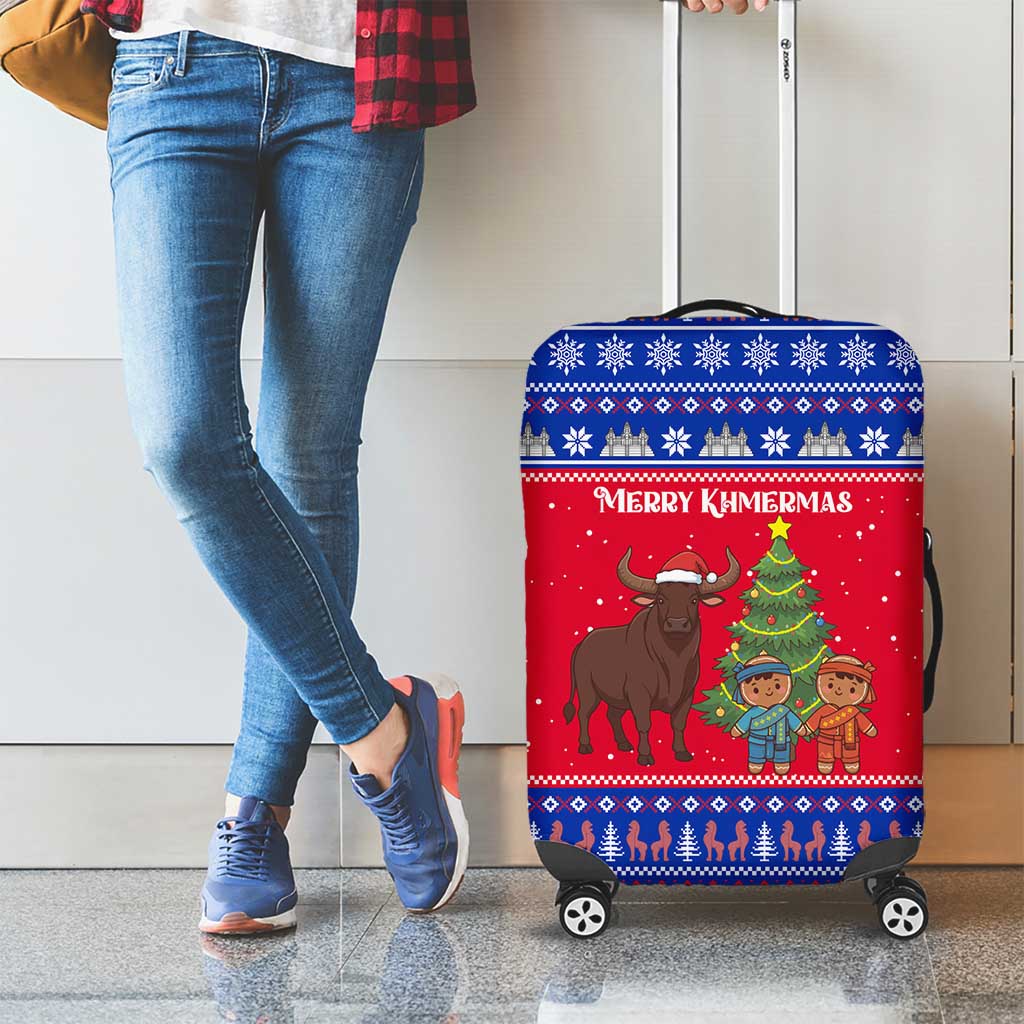 Cambodia Christmas Luggage Cover with Buffalo Children Holiday Tree Snowflakes and Khmer Pattern Design - Wonder Print Shop