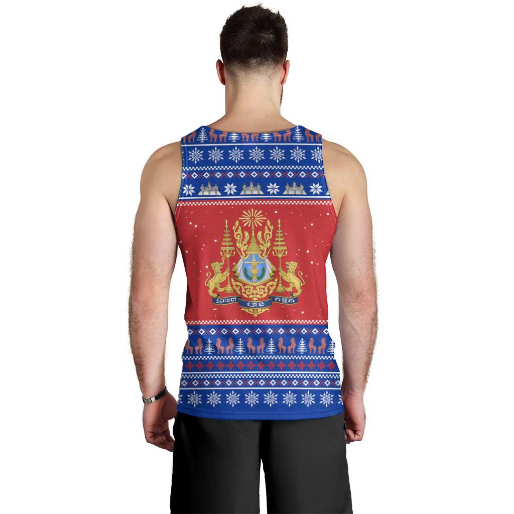 Cambodia Christmas Men Tank Top with Buffalo Children Holiday Tree Snowflakes and Khmer Pattern Design - Wonder Print Shop