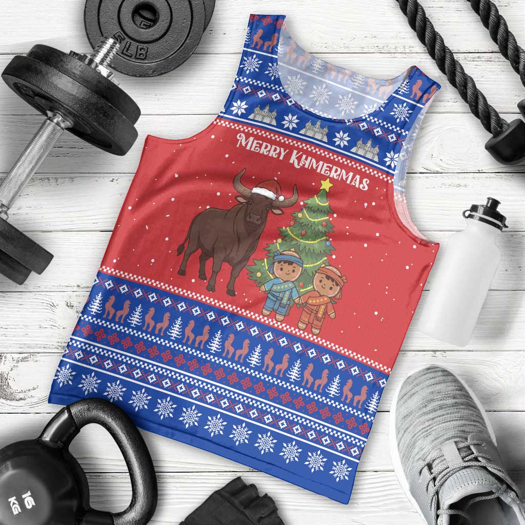 Cambodia Christmas Men Tank Top with Buffalo Children Holiday Tree Snowflakes and Khmer Pattern Design - Wonder Print Shop