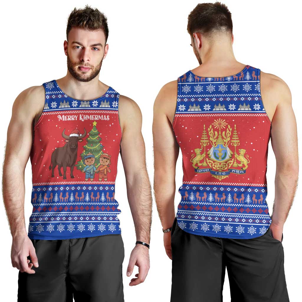 Cambodia Christmas Men Tank Top with Buffalo Children Holiday Tree Snowflakes and Khmer Pattern Design - Wonder Print Shop