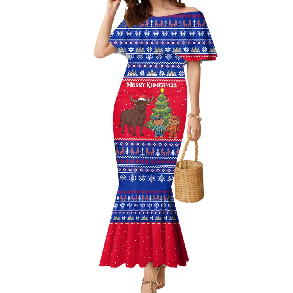 Cambodia Christmas Mermaid Dress with Buffalo Children Holiday Tree Snowflakes and Khmer Pattern Design - Wonder Print Shop