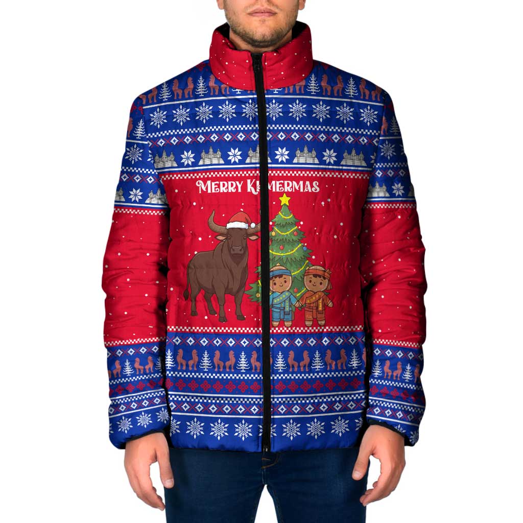 Cambodia Christmas Padded Jacket with Buffalo Children Holiday Tree Snowflakes and Khmer Pattern Design - Wonder Print Shop
