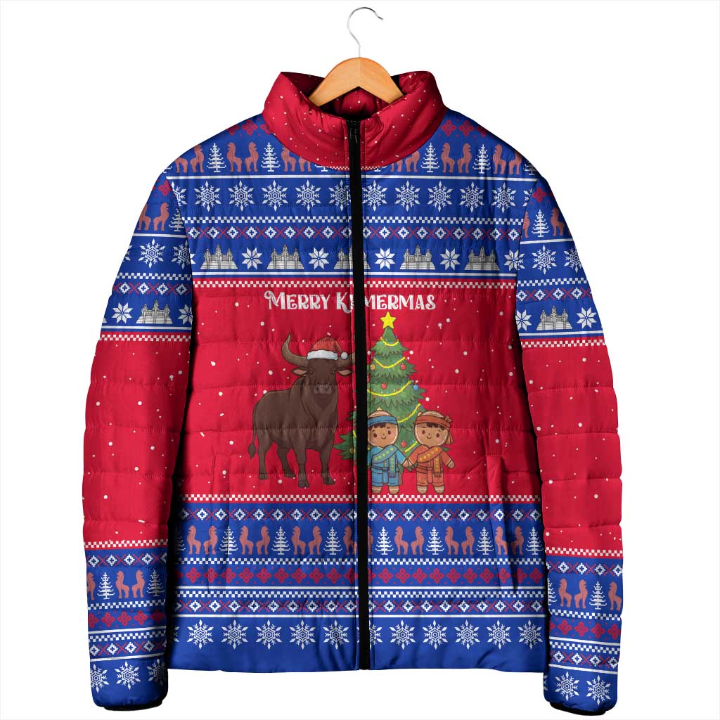 Cambodia Christmas Padded Jacket with Buffalo Children Holiday Tree Snowflakes and Khmer Pattern Design - Wonder Print Shop