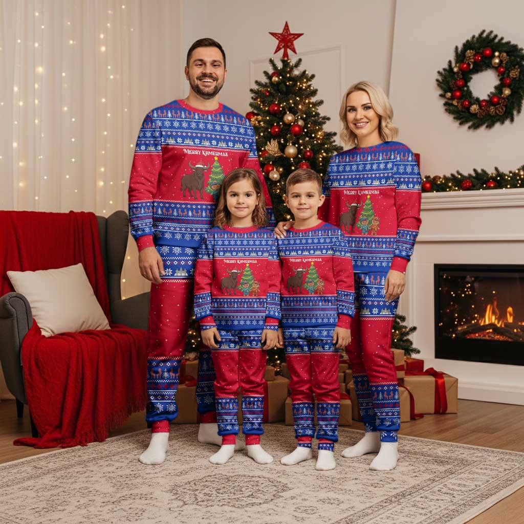 Cambodia Christmas Pajama Set with Buffalo Children Holiday Tree Snowflakes and Khmer Pattern Design - Wonder Print Shop