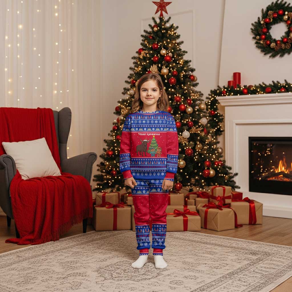 Cambodia Christmas Pajama Set with Buffalo Children Holiday Tree Snowflakes and Khmer Pattern Design - Wonder Print Shop