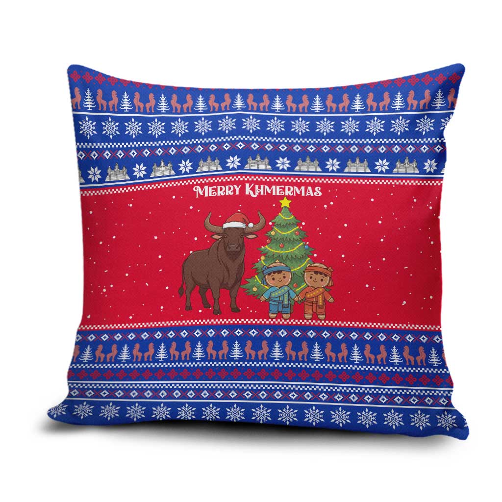 Cambodia Christmas Pillow Cover with Buffalo Children Holiday Tree Snowflakes and Khmer Pattern Design - Wonder Print Shop