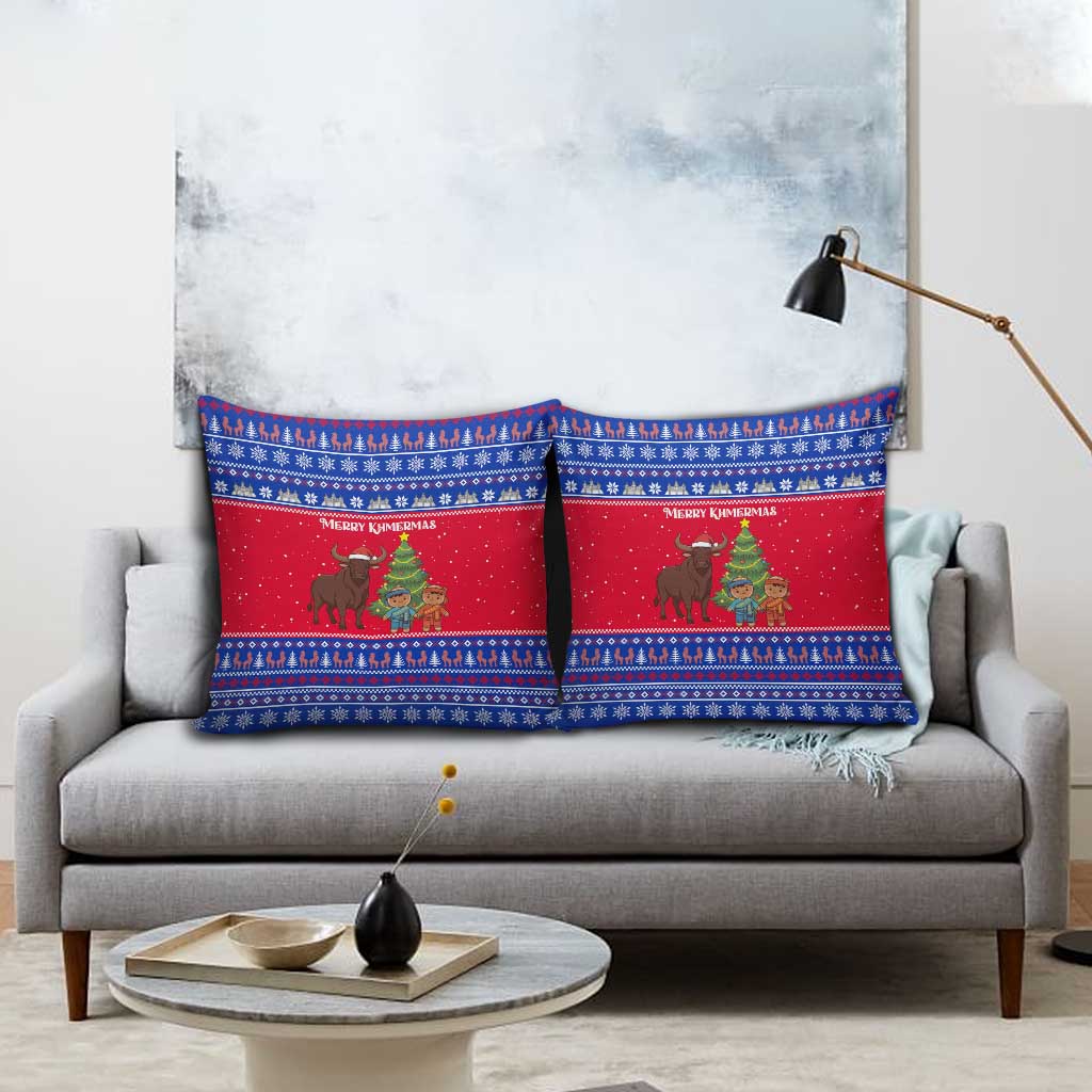 Cambodia Christmas Pillow Cover with Buffalo Children Holiday Tree Snowflakes and Khmer Pattern Design - Wonder Print Shop