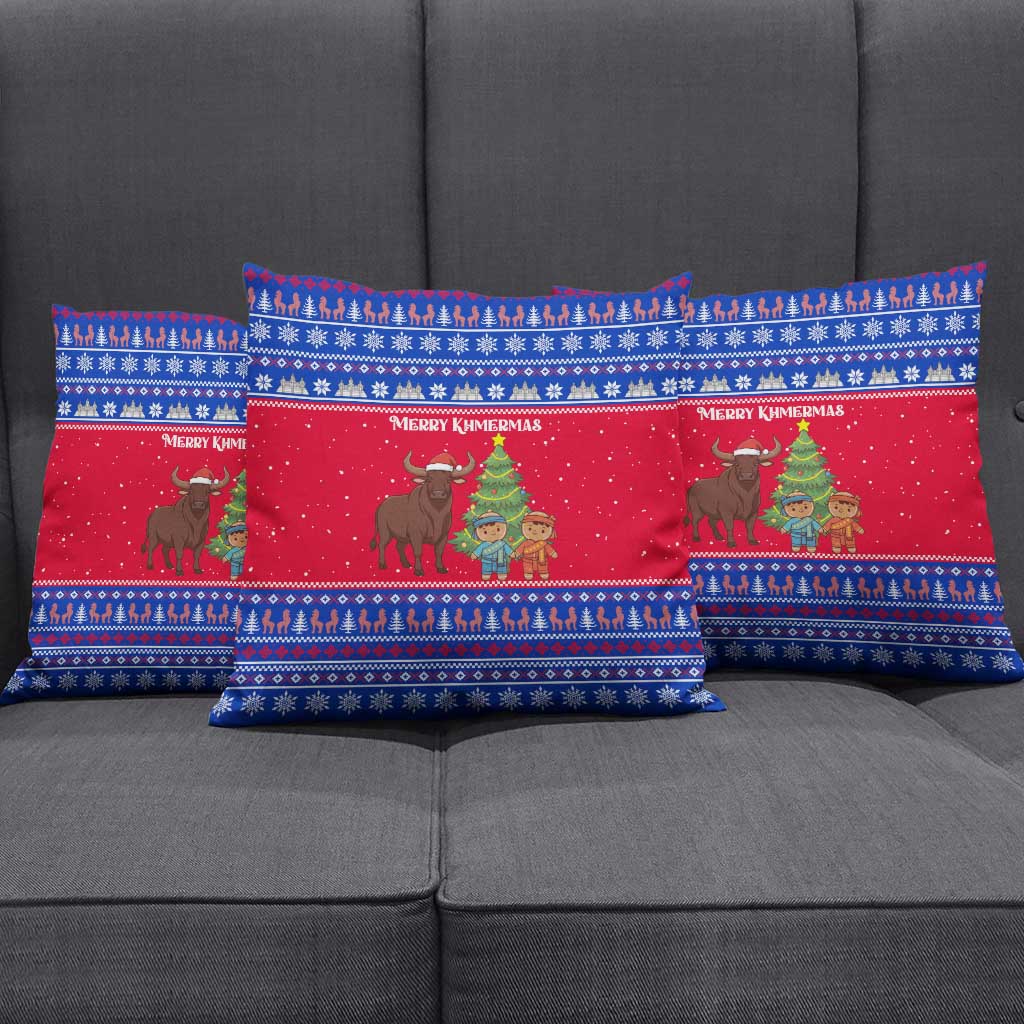 Cambodia Christmas Pillow Cover with Buffalo Children Holiday Tree Snowflakes and Khmer Pattern Design - Wonder Print Shop